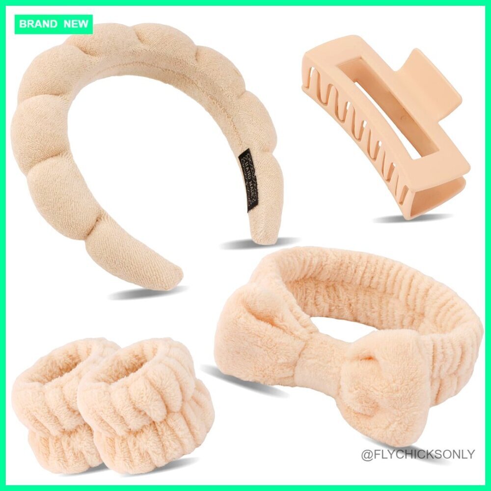Spa Headband Wristband Set with Hair Clips for Skincare Face Washing